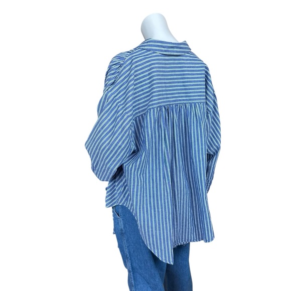 Anthropologie Pilcro Reworked Ruched Blue Pin Striped Button Down Shirt Medium - Picture 6 of 11